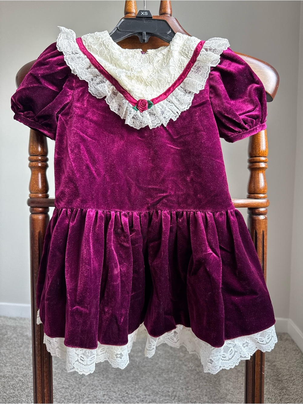 VTG Rare Editions Burgundy Velvet Holiday Dress Girls 3T Lace Christmas Party